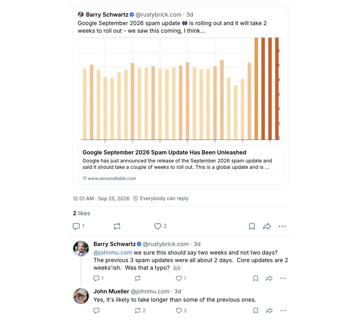 An exchange between Barry Schwartz and John Mueller discussing Google's September 2026 spam update and the rollout timeline.