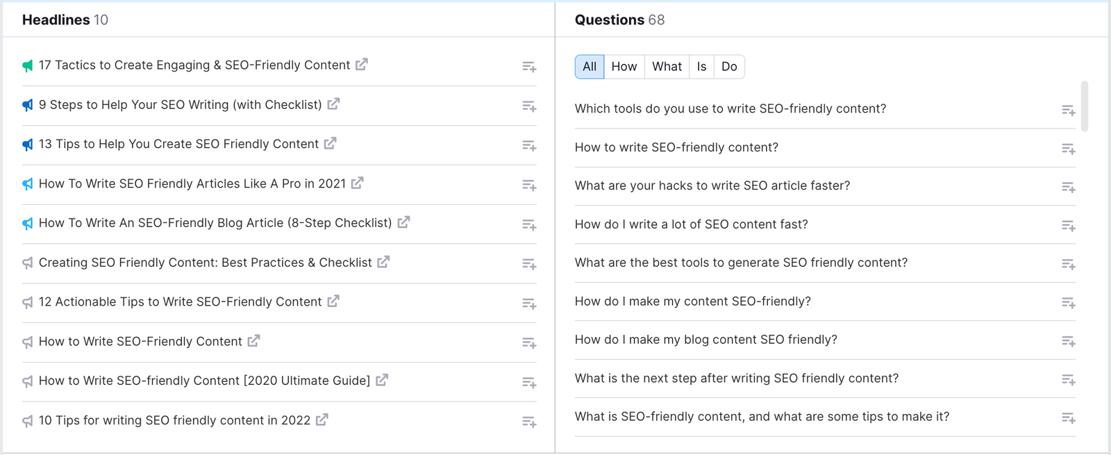 Topic Research tool. This example shows a list of headlines related to the topic to the left and and a list of questions related to the topic on the right.
