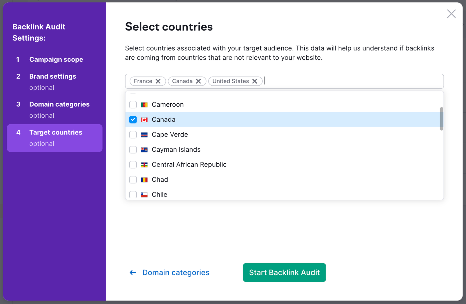 Target countries in Backlink Audit