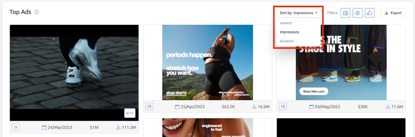 AdClarity app. The Top Ads widget with a red rectangle highlighting the sort by filter. The options include newest, impressions and duration.