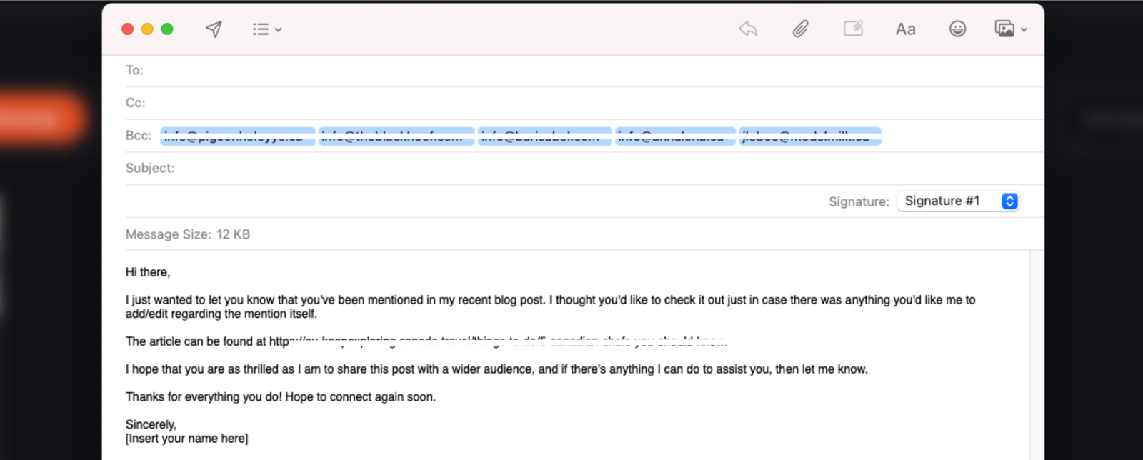 The Mentioned - Outreach Wizard app automatically creates an email draft with your selected contacts blind carbon copied.