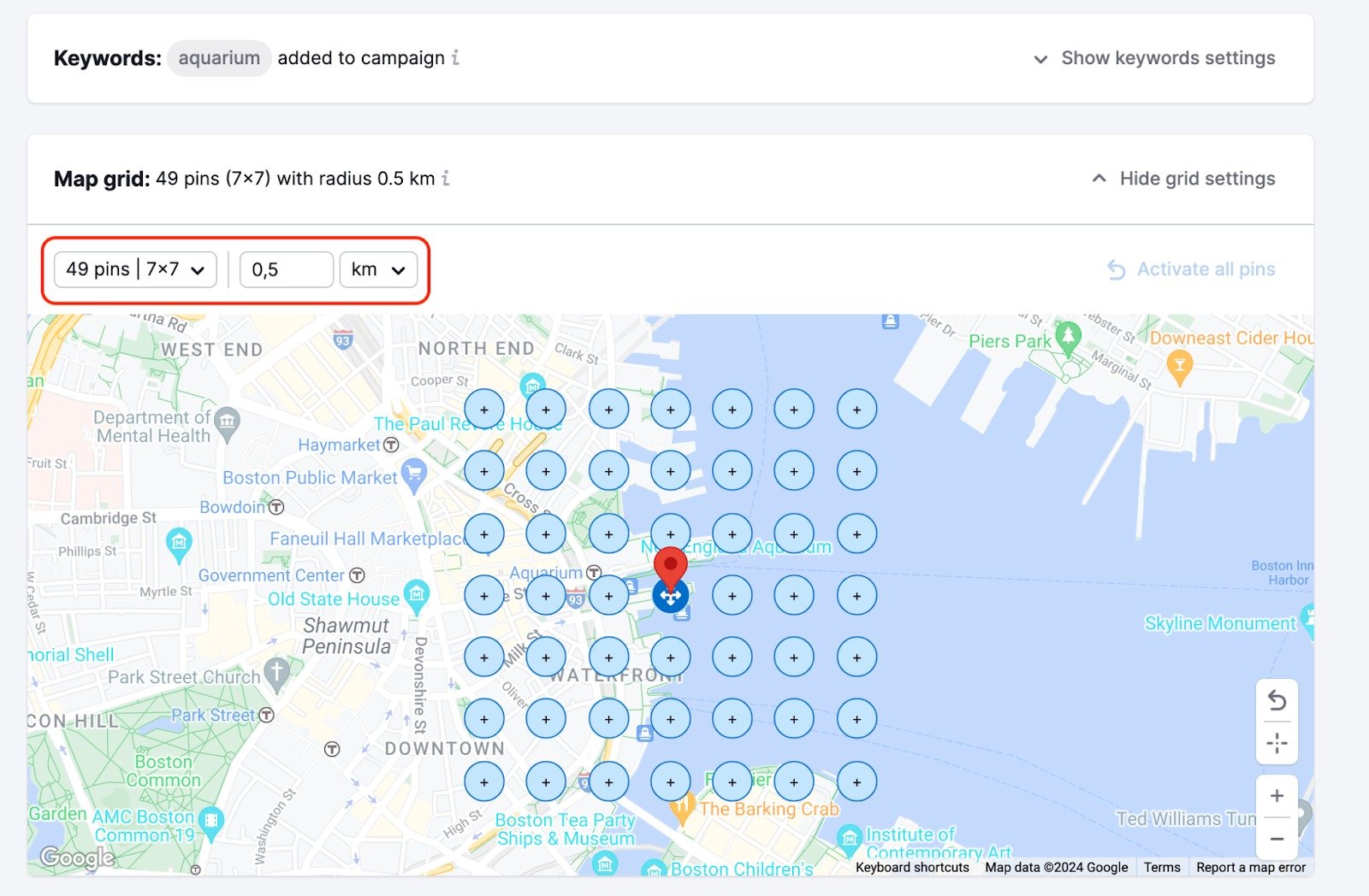 The map will show a grid of dots. Grab and drag this grid with your mouse to your desired search area. You can also easily designate specific measurements above the map in the 'Grid settings' section highlighted with a red rectangle above the grid.