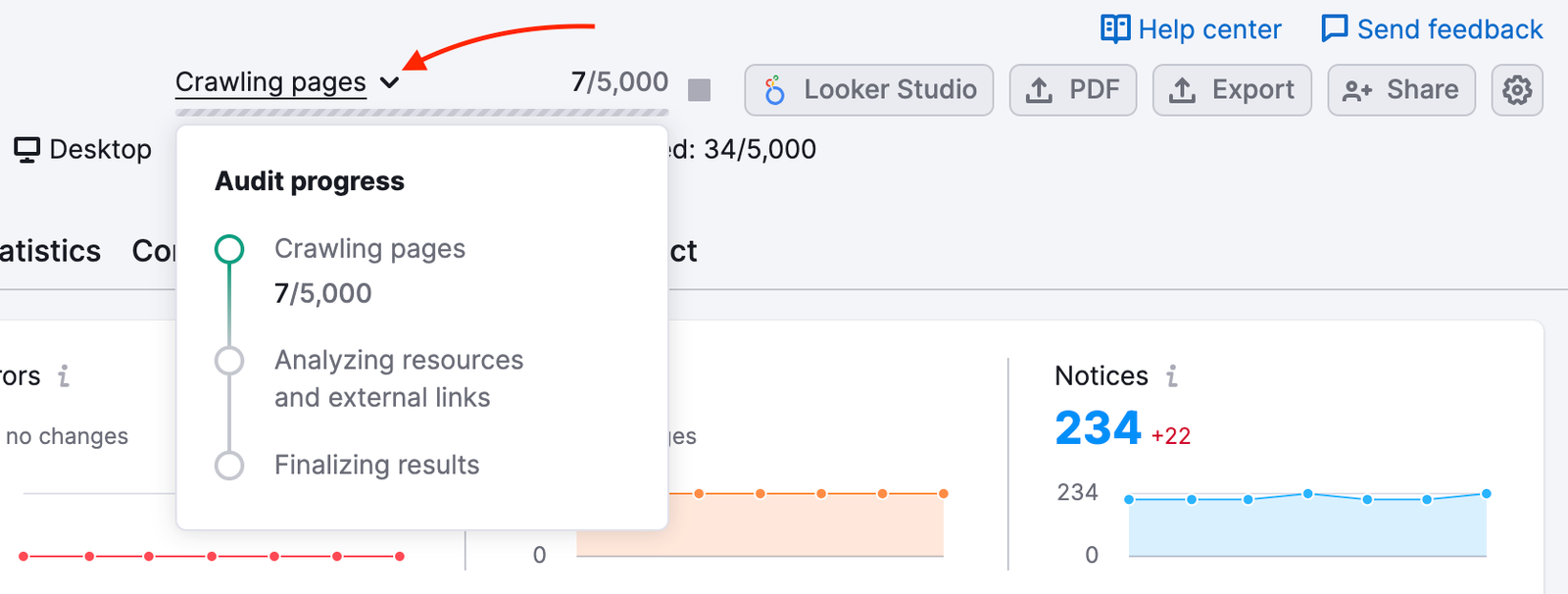 A dropdown with crawling details on reports.