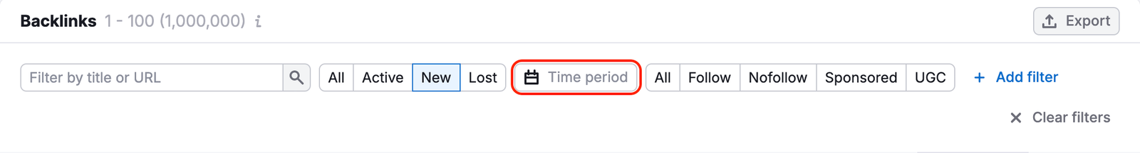 The Time period filter is highlighted next to the All/Active/New/Lost selector. 