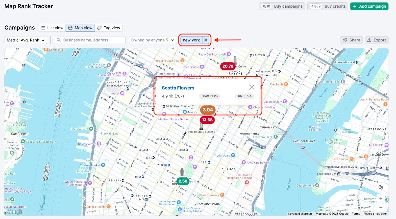 Map Rank Tracker Map view for campaigns tagged by geo area