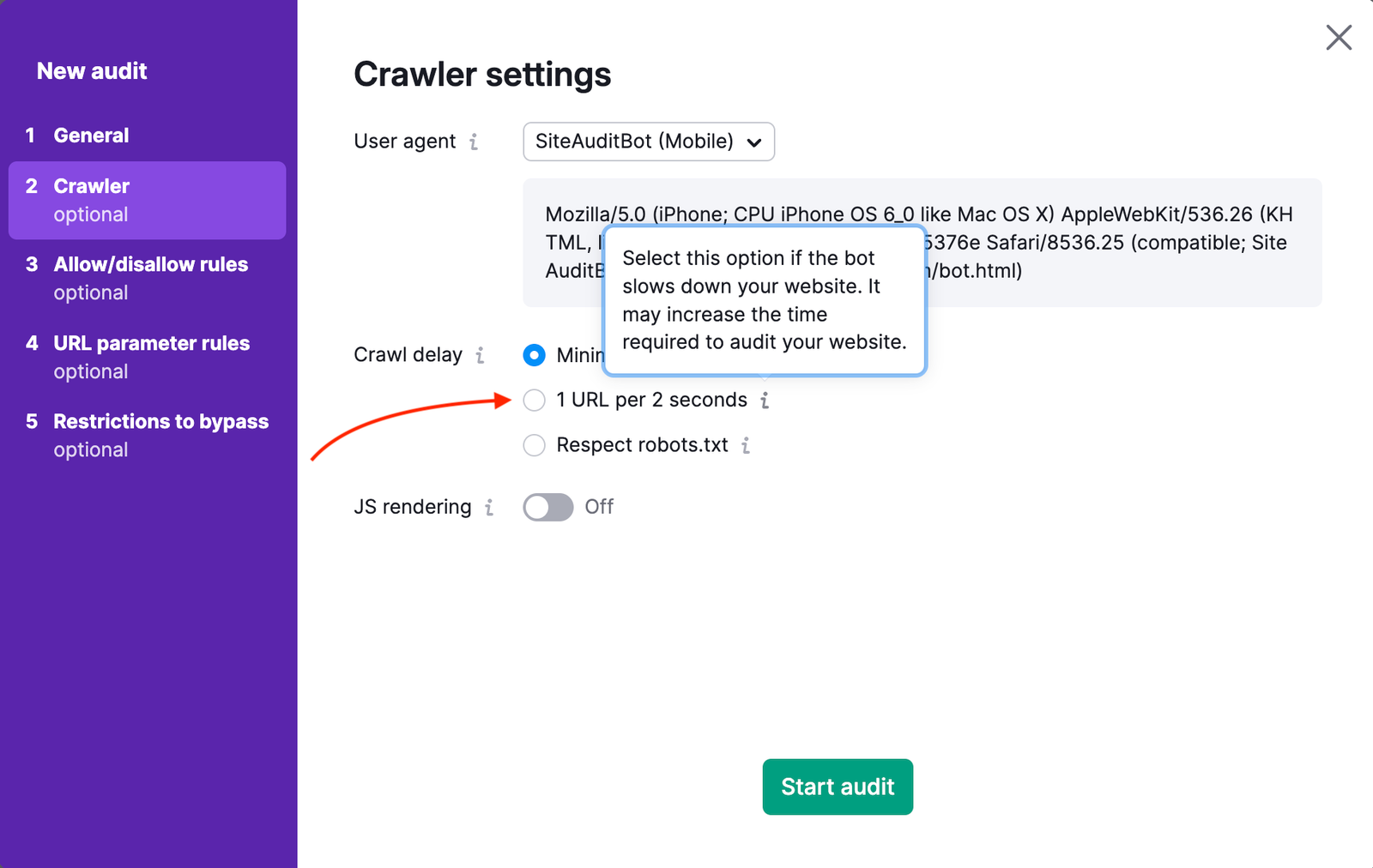Site Audit crawler settings.