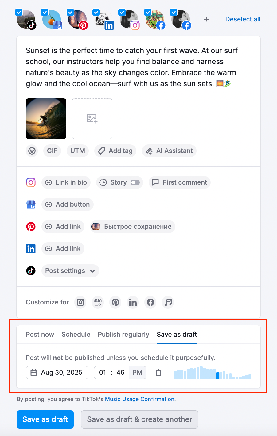 Post editor in Social Poster with the schedule settings highlighted.