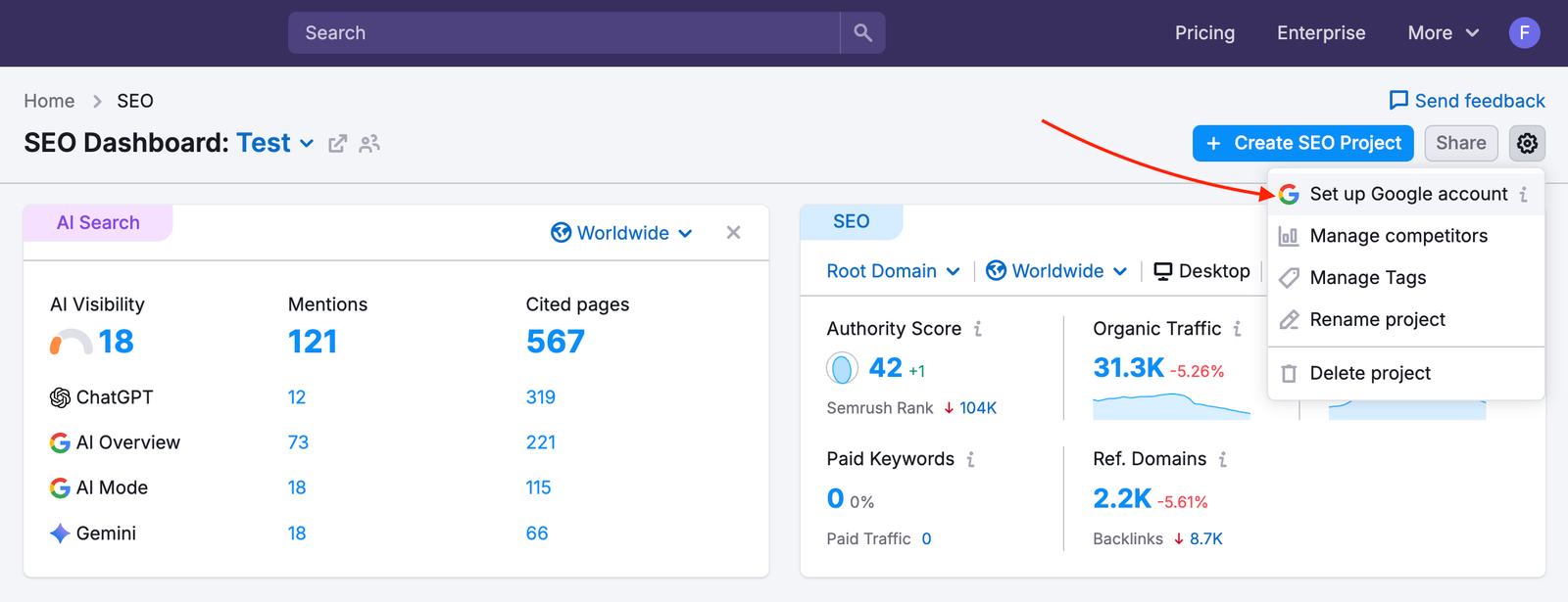 SEO Dashboard with a red arrow pointing to the Google account setup button in the top right corner.